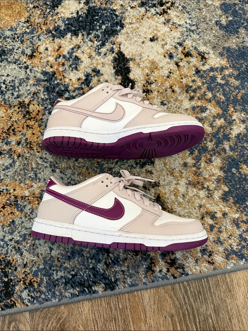 Nike Dunk Low-Top Sneakers in White, Mauve, and Purple Accents